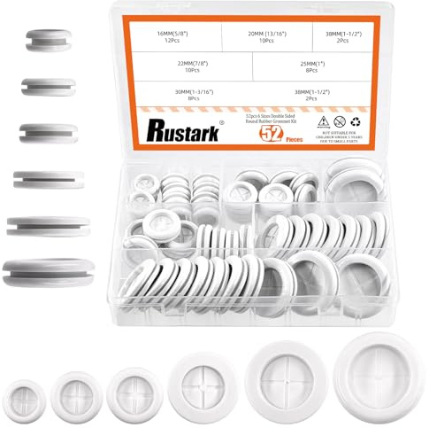 Rustark 52 Stück 6 Größen 16-38mm Weiße Gummitüllen Set Rund Doppelseitige Gummitüllen Kabeldurchführungen Gummi Kabeltüllen Set Gummistopfen für Auto & Elektroinstallation