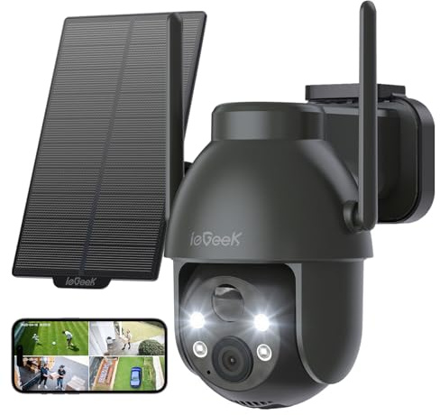 ieGeek 2K Camera Surveillance WiFi Exterieure sans Fil avec Panneau Solaire | 360° PTZ Détection PIR/IA, 15M Nocturne Couleur, Recharge Faible Luminosité, Audio bidirectionnel, WiFi 6, Sans Abonnement