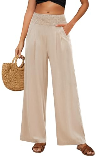 Niwicee Pantalones de Lino y Algodón Mujer Verano Causal Sólidos Sueltos Cintura Alta con Bolsillos