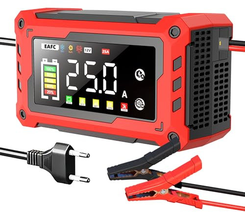 EAFC 12V 25A Autobatterieladegerät mit Starthilfe & Schnellladung - Vollautomatisch für alle Blei-Säure, AGM, Gel, EFB Batterien - Inkl. Überladeschutz, Krokodilklemmen für PKW, LKW, Motorrad, Boot