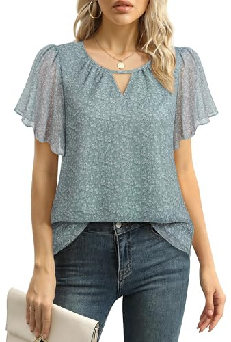 Gaharu Bluse Damen Elegant Kurzarm Sommer Tunika Business Casual Oberteil Rundhals Rüschenärmel Chiffon Blumen Shirt Top