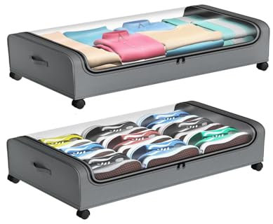 Contenitori sottoletto con Ruote, 2 Confezioni di contenitori sottoletto con coperchi, cassetti sottoletto scorrevoli per Vestiti e Scarpe,Grigio