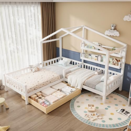 YuQozii Lettino per bambini con cassetti e ripiani, in legno massello con recinzione e rete a doghe, struttura a L, bianco (90 x 200 cm+140 x 70 cm)