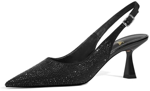 LOCERICH Women's Kitten Heels Slingback Low Heel Dress Shoes Closed Toe Pumps Rhinestone Pointed Toe Sparkly Sling Back Bridal Wedding Party Black