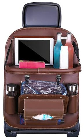 DAHJSD Auto Rücksitz Aufbewahrung für Mercedes Benz A Class B Class C Class CLA E Class, PU-Leder Auto Rücksitz-Organizer mit klappbarem Esstisch, Taschentuchhalter und Müllbeuteln,B Coffee