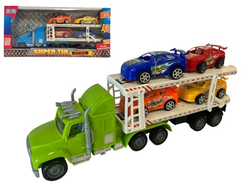 Generico Camion Porta Macchinine Bisarca con 4 Auto Giocattolo e 4 Macchinine Camion Grande cm 32 con Movimento a Frizione Camione Articolato Super Tir Doppio Livello di Carico Macchinine