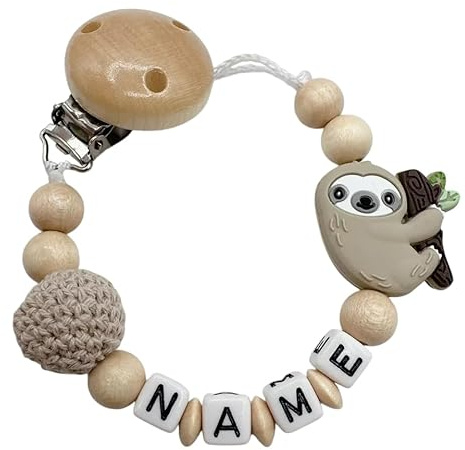 Schnullerband mit Namen für Mädchen & Jungen personalisierte Baby Geschenke (Faultier Sand)