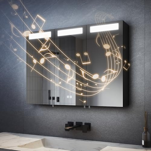 SVNR Spiegelschrank Bad mit Beleuchtung 90x65x13cm 3 Türen Mattschwarz | Bluetooth, Touch-Schalter, Antibeschlag, Steckdose, LED-Beleuchtung, 4mm Eco-Spiegel, Hydraulikscharnier, Modernes Design