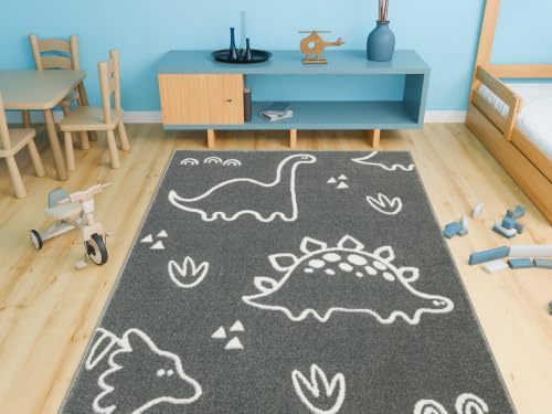 AKCILA Kinderteppich Lima rechteckig 100x150cm Cartoon Dinosaurier in Grau | Teppich für Kinderzimmer und Jugendzimmer, Kinderteppich mit prähistorischer Landschaft