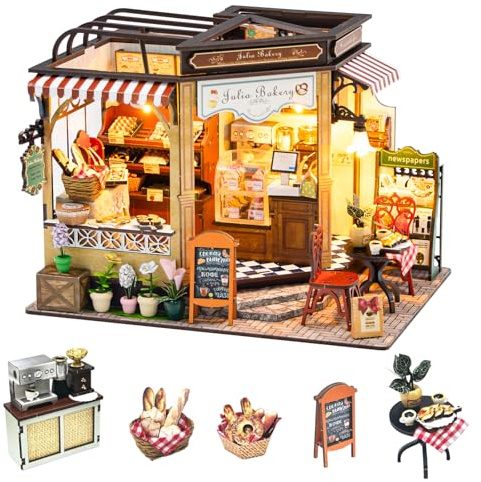 CUTEROOM Maison de Poupée DIY en Bois Kit Miniature, Mini-Boulangerie – Modèle Café de Julia, Cadeau Créatif pour Adultes