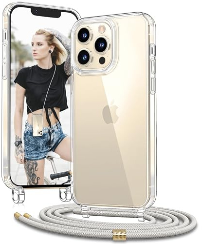 Vaykwo Handykette für iPhone 13 Pro Max Hülle mit Band, Beige | Necklace Handyhülle, Transparente Case zum Umhängen, Verstellbar und Abnehmbar