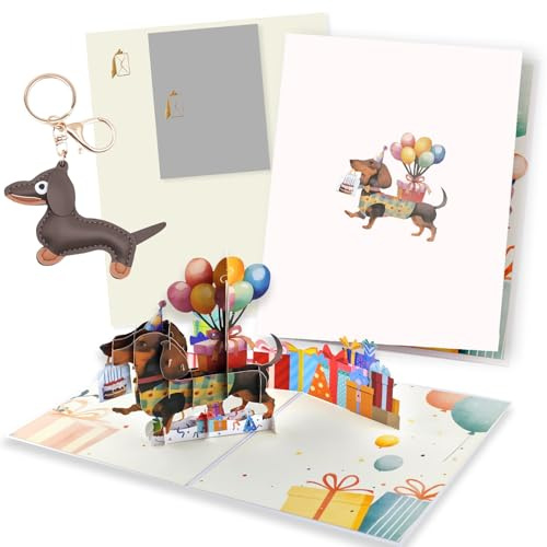 Tarjeta Cumpleaños Divertida Perro Salchicha Bendición, Tarjeta 3D Pop-up Perro con Llavero Dachshund, Incluye Sobre, para Niños, Madre, Hija, Nieta, Él, Amigo, Amiga, Abuelo, Ella