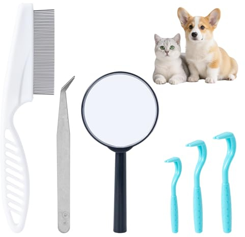 SLSON 6 Pcs Tick Remover Tool Set, Painlessly Tick Removal Hooks（S M L）＆ Stainless Steel Tweezers ＆ Anti-Flea Lice Comb ＆ Magnifying Glass for Dogs Cats and Humans Lyme Prevention