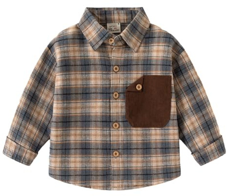 LUVCES Camisas de Franela a Cuadros para Niños Blusa Informal de Algodón con Botones Camisa Clásica con Bolsillo en el Pecho Otoño Primavera Ropa Cuadros Azules 4-5 Años