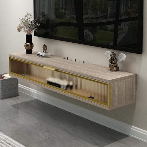 Console d'entrée en marbre avec miroir, meuble TV mural moderne, meuble TV flottant, console multimédia murale, meuble de divertissement en bois avec porte à rabat, éclairage LED, design à d