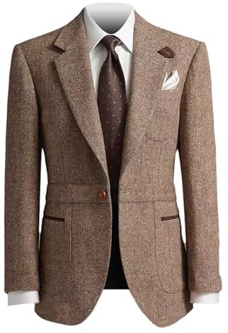 RAJEGAR Herren Tweed-Jacke, Sportblazer, schmal, Retro, gekerbtes Revers, Wollmischung, British Norfolk, Ein-Knopf-Jacke, Patch am Ellenbogen, braun, XXL