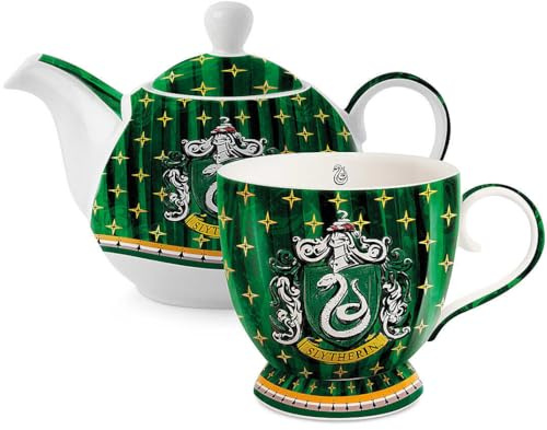 Pack Tetera y Taza Harry Potter Slytherin, Set Apilable de Cerámica con Escudo de la Casa, Diseño Verde y Plateado, Producto Oficial Warner Bros – Paladone