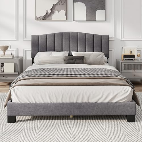 COSTWAY 4FT6 Double Bed Frame, Linen Upholstered Platform Bed with Adjustable Tufted Headboard, Wooden Slat Support Bedstead Base Mattress Foundation, No Box Spring Needed, Grey (1, Wave Shape)