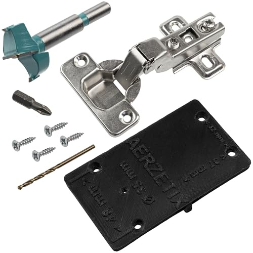 AERZETIX - Kit de 12 bisagras invisibles de medio solape 110° con plantilla de perforación Ø35mm + fresa Ø35mm + broca para madera Ø2.5mm + 50 tornillos Ø3.5x16 y punta 1/4 PZ2