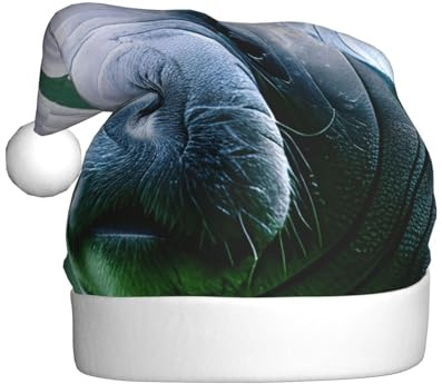 AYYQWE Gorro de Papá Noel con estampado de animales de manatí para hombres y mujeres, decoración de fiesta, Año Nuevo, festividades, celebraciones, gorro de Navidad