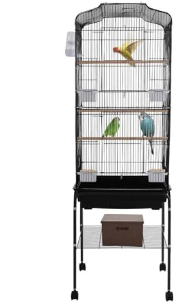 Stor fågelbur, 47 x 37 x 137,5 cm, rullbar, fågelvoljär, papegojor, fågelhus med 4 matskålar och drickskål för nymfparakiter, parakiter