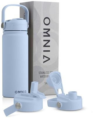 OMNIA NUTRIENTS Vacuum Insulated Stainless Steel Water Bottle, 2 Lids (Straw & Spout) Leakproof, BPA-Free, Reusable Flask Ideal for Travel and Outdoors (Sky Blue - 540 ml)