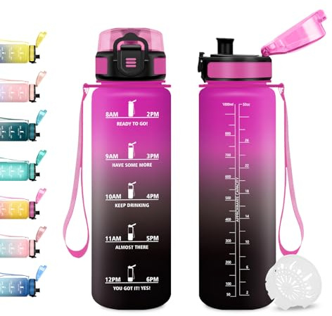 JAPORIA Gourde 1L, Bouteille d'eau avec Marqueur de Temps et Filtre, Étanche, Réutilisable, Gourde pour Cyclisme, Randonnée, Bureau