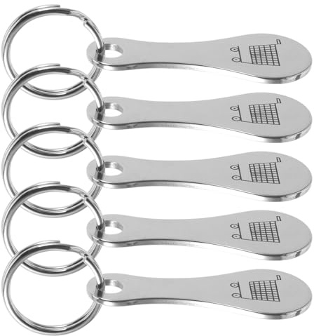 ULTECHNOVO 5pcs Stainless Steel Grocery Shopping Cart Tokens Keyring with Trolley Coin Holder for Men Women Supermarket Accessories