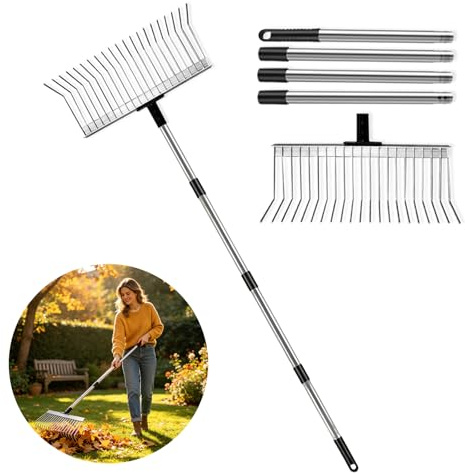 Rastrello da giardino, 53-160 cm, regolabile, 21 denti, testa in metallo, larghezza 40 cm, per allentare il terreno e livellare il prato, scopa per foglie, rastrello da fieno