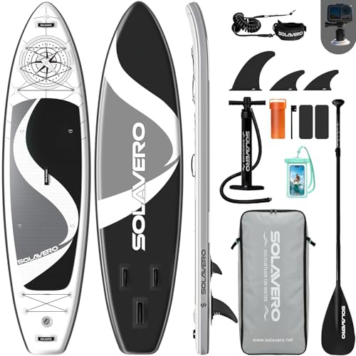 SOLAVERO Aufblasbares SUP Board Set 350 x 89 x 15 cm, bis 210 kg | Stand Up Paddling Board mit Komplettset, Paddel, Finnen & Luftpumpe, Stand Up Paddle für Erwachsene, Familien und Anfänger