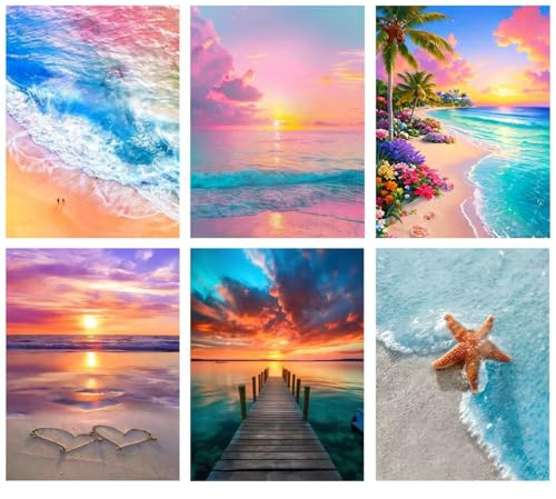 tigdtiu 6 Pack Landscape Diamond Art Kits for Adults, Beach Diamond Painting Kits for Adults Beginner, 5D Diamond Dots Gem Art Crafts with Tools, Home Wall Decor&Gift 12X16 inch