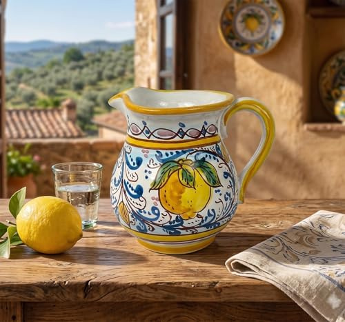 Mondocreazioni Caraffa in Ceramica siciliana Boccale Realizzato e Decorato a Mano Santo Stefano di Camastra Art. Fiore Limoni 0,5 LT