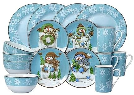 Pfaltzgraff Evergreen Ernie Dinnerware Set, 16 Piece, Blue, White