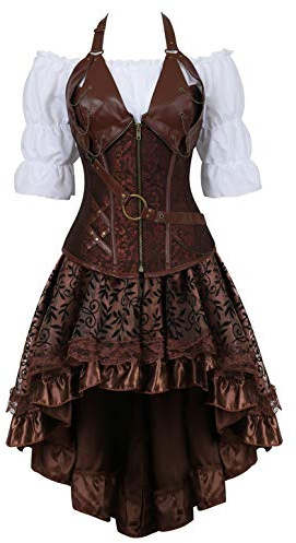 Grebrafan Steampunk Leather Corsets with Gothic Skirt and Blouse S Brown