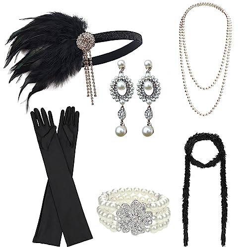 DRESHOW Damen 1920er Accessoires Set Flapper Kostüm Gatsby Feder Lange Halskette Handschuhe Stirnband Funkelnde Ohrringe