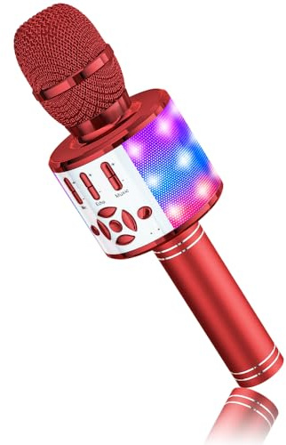 BONAOK Karaoke Mikrofon Bluetooth, 4 in 1 Drahtlos Karaoke Mikrofone, LED Kinder Erwachsene Karaoke Mikrofon Lautsprecher, Heim KTV Karaoke Gerät, Party/Outdoor/Reisen Gesangsmaschine(Rot)