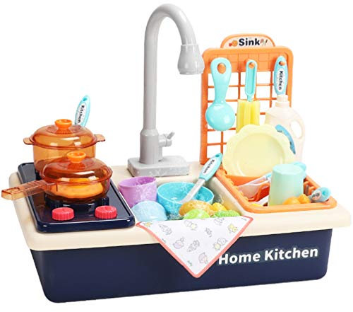 Tomaibaby 1Set Kitchen Sink Toys with Running Water Pretend Play Kitchen Set Electric Dishwasher Toy for Kids(Blue)