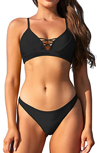 SHEKINI Damen Bikini-Set Niedriger Kragen Rückenfrei Verstellbarer Triangel Bikinioberteil Zweiteiliger Badeanzug für Frauen Niedrige Taille Triangel Bikinihose (M, Schwarz A)