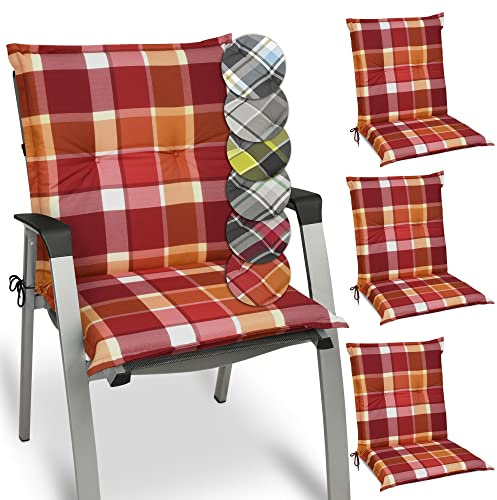 Beautissu 4er Set Niedriglehner Auflagen für Gartenstühle Stuhlkissen | 100x50cm Rot Kariert bequeme Gartenstuhl Polsterauflagen Polster UV-Lichtecht Sitzkissen Garten Stuhlauflage Sunny RO