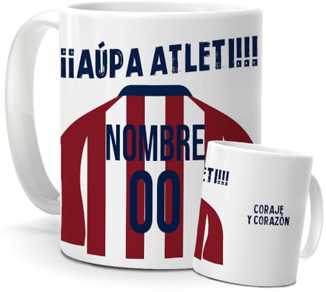 Taza Personalizada con Nombre Camiseta Atletico | Pack Fútbol con Taza, Pulsera Coleccionable y Caramelos Divertidos | Regalo Original para Colchoneros | Perfecto para Cumpleaños