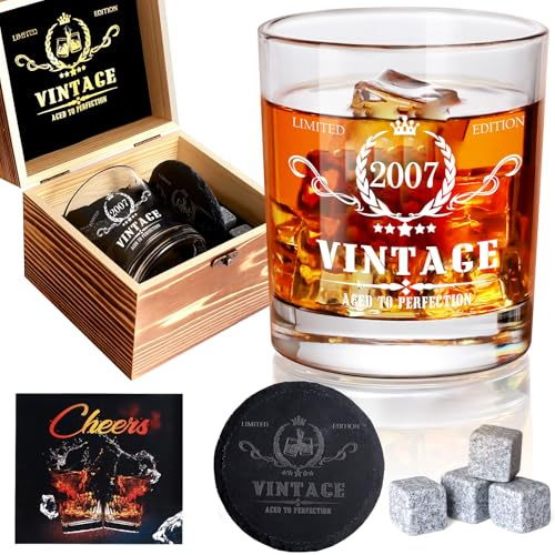 Set di bicchieri da whisky vintage 2005 per 18° compleanno per ragazzi, decorazioni per il 18° compleanno – 18 anni, idee regalo per lui, amici – Scatola di legno, pietre da whisky e sottobicchiere