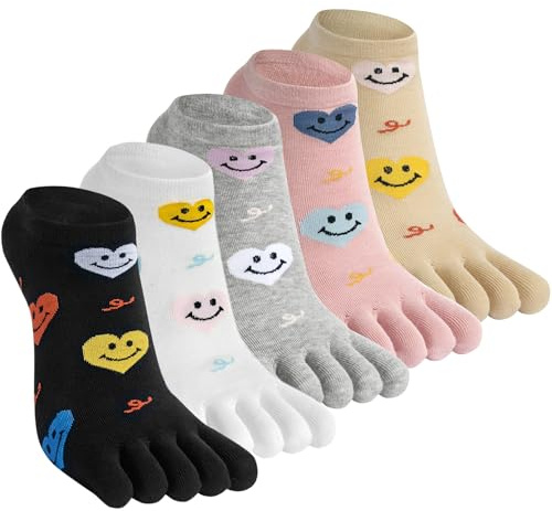 Kevaler Damen Zehensocken 5 Paare Baumwolle Fünf Finger Socken Niedliche Bunt Muster Sneakersocken Socken mit Zehen Einzeln, Größe: 35–40