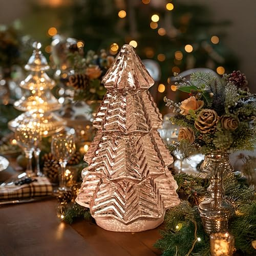 hvfun Árbol de Navidad de Cristal LED con diseño de Ondas, Luces giratorias de 7 Colores, 6 Funciones de Temporizador, Centro de Mesa de Vacaciones Que Funciona con Pilas, Oro Rosa