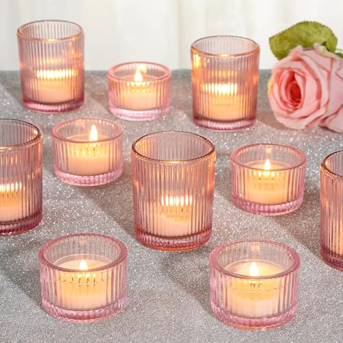 SUPMIND 24 Pcs Glass Votive Candle Holders – Assorted Ribbed Pink Tea Light Holders Bulk for Weddings, Baby Showers, Parties, Home Décor, and Table Centerpieces