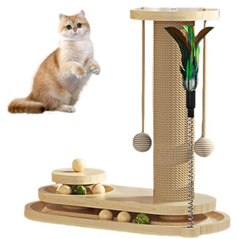 Pasdrucn Arbre à Chat Parla avec Plumes Et Boule De Sisal, 4 in 1 Griffoir pour Chat, Arbre A Chat Pas Cher, Grattoir Chat, Arbres à Chat, Poteau Griffoir Chat en Jute, Arbre A Chat Bois (A)