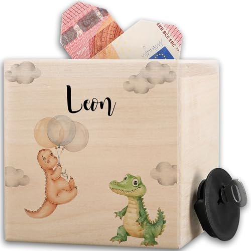 Dinosaurier - Spardose Dino und Krokodil I Kinder Sparbüchse mit Name I Mädchen Sparbüchse Holz Jungen Taschengeld Geschenkidee Kind - 10x10cm - Holz - spardose+Kinder personalisierte