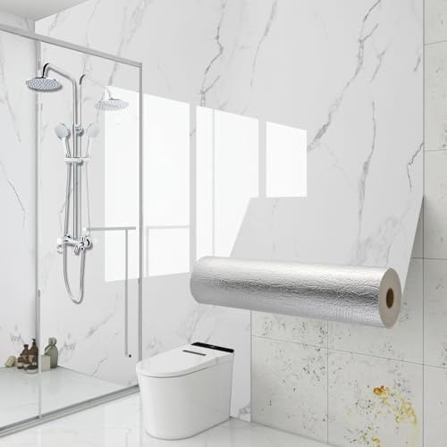 Camiraft Klebefliesen Bad und Küche Marmor 40cm x 300cm, 2.3mm Dick Selbstklebende Fliesen Weiß Wasserdicht, Wandpaneele Selbstklebend für Möbel Küchenrückwand Bad Wohnzimmer Wandfliesen,5 Rolle