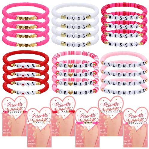 Kenning 72 Pcs Valentines Day Friendship Bracelets Heart Cards 36 Set Valentines Exchange Gifts Bracelets for Galentines Gift