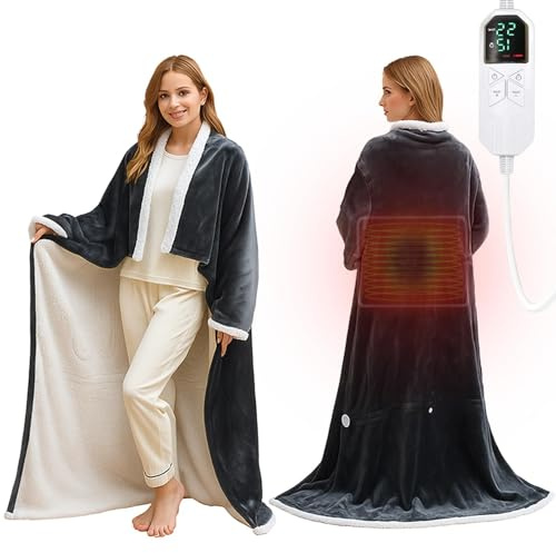 AVSMGP Coperta Elettrica Indossabile, Coperta Riscaldante Oversize 177×127 Cm con Maniche E Tasche per I Piedi 8 Impostazioni di Calore Timer da 1 A 12 Ore