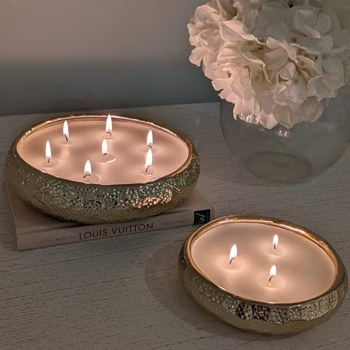 Aeolian Vanilla Scented Candle Set of 2 in Hammered Champagne Bowl - Luxurious Soy Wax Table Centrepiece, Perfect Home Decoration Gift - Luxury Interiors by Rowen Homes (Gold)